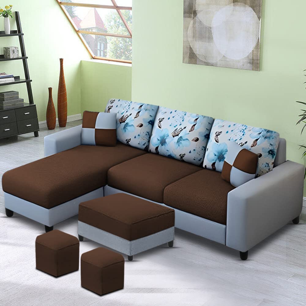 Casaliving Rolando 4 Seater L Shape Sofa Set with 2 Puffy for Living Room (Brown Grey) Left Side Sofa