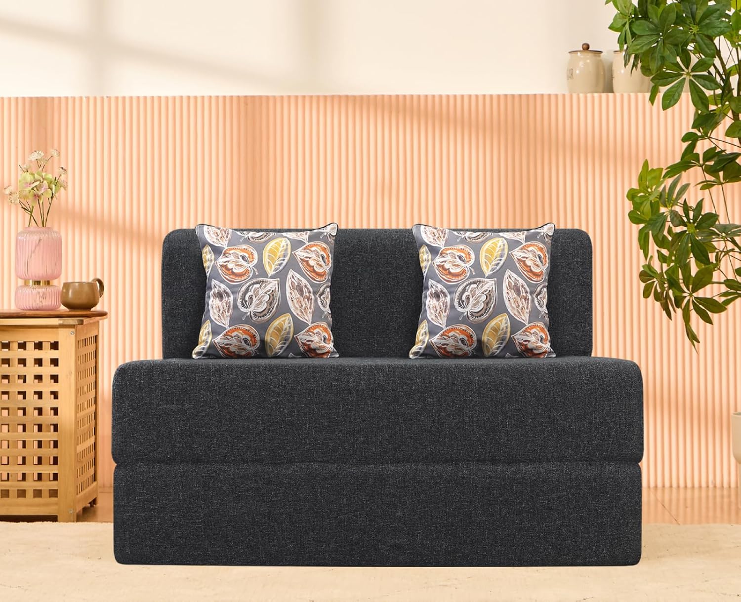 uberlyfe 2 Seater Sofa Cum Bed | Jute Fabric Washable Cover | 2 Cushions Fall Leaves Pattern | Dark Grey | 4′ X 6′ Feet