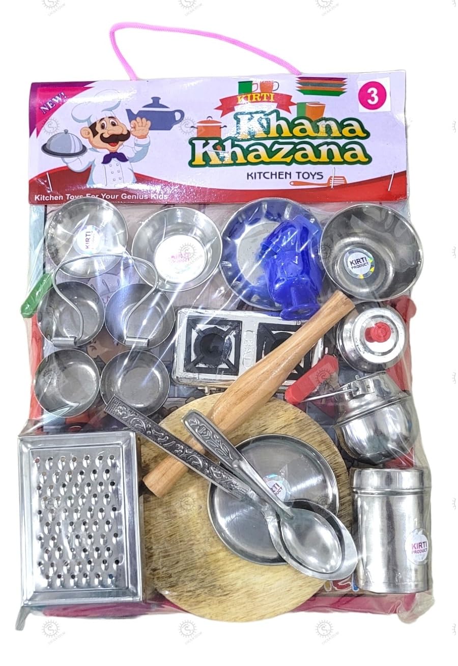 SHAKTISM Steel Kitchen Set Toys for Kids, Role Playing Kitchen Set of Stainless Steel with Wooden Chakla Belan Set, Master Chef Role Playing Kitchen Set Master Chef for Kids (Kitchen Set No-03)