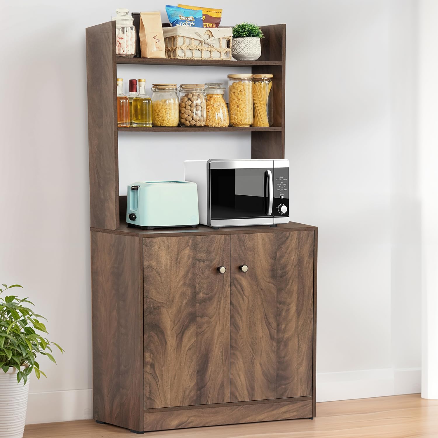 ABOUT SPACE 5 Tier Kitchen Organizer Rack – 5.5 ft Wooden Kitchen Cabinet with 3 Open Shelves & 2 Storage Rack with Door, Easy to Assemble for Home Living Room (Walnut – L 80 x B 40.5 x H 163 cm)