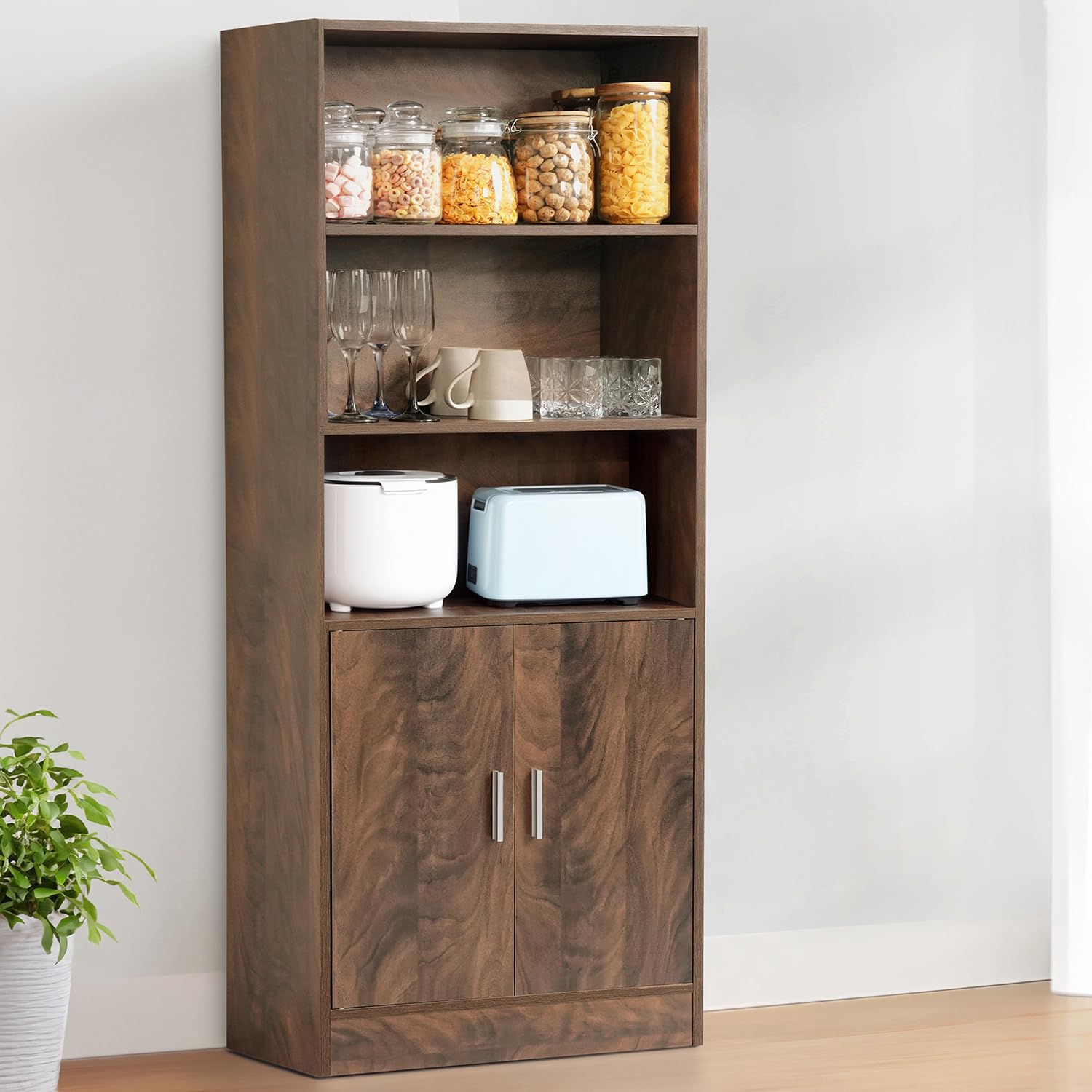 ABOUT SPACE 5 ft Kitchen Cabinet – 5 Tier Wooden Storage Cabinet with 3 Open Shelves & 2 Magnetic Door Crockery Cabinets, Easy to Assemble for Home Living Room (Walnut – L 57 x B 25.5 x H 158 cm)