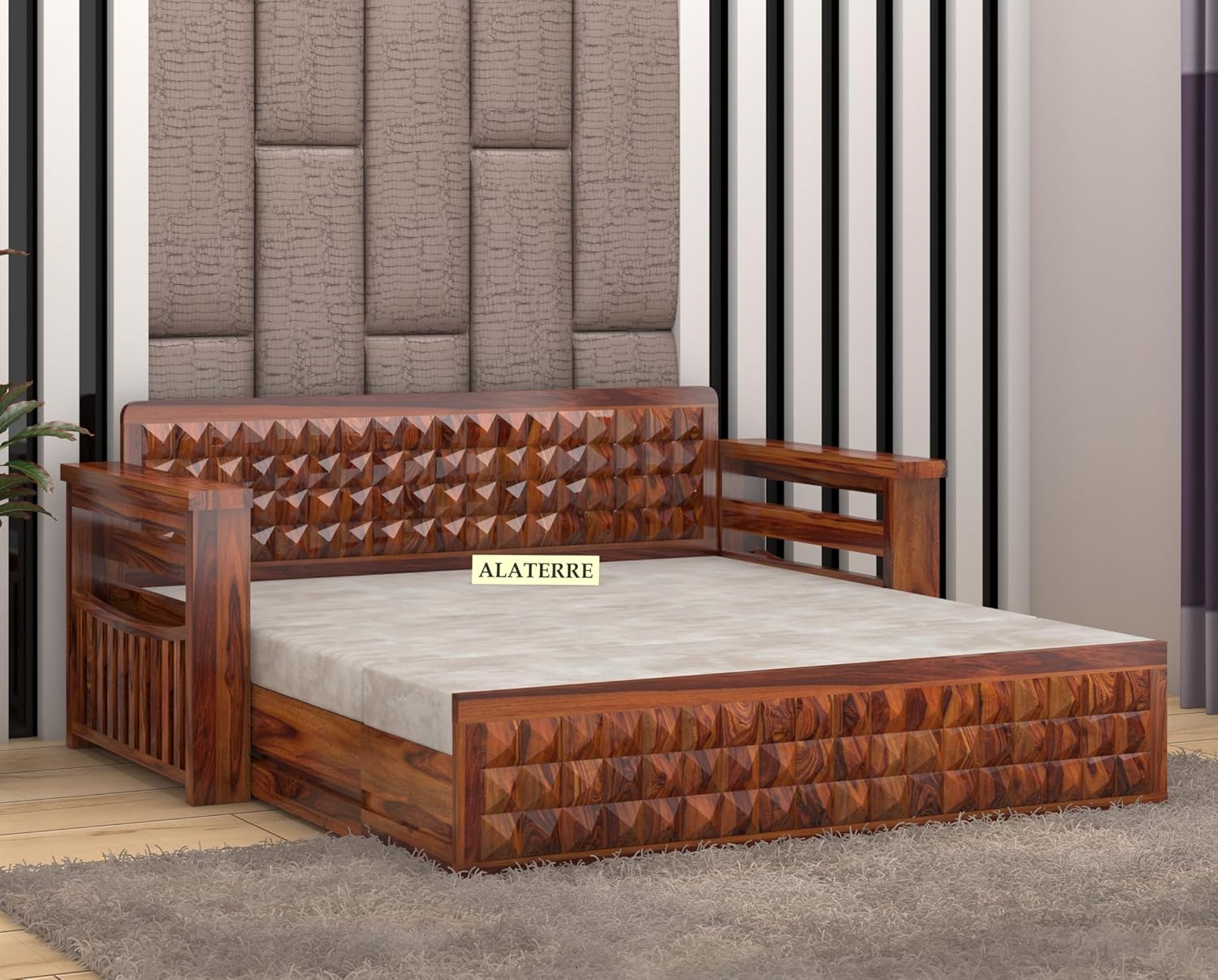 ALATERRE HOME FURNITURE Sheesham Wood 3 Seater Sofa Cum Bed for Home, Sofa Cum Bed with Storage, Comfort Sofa Beds Foldable, Modern & Unqiue SofaBed, Honey Finish