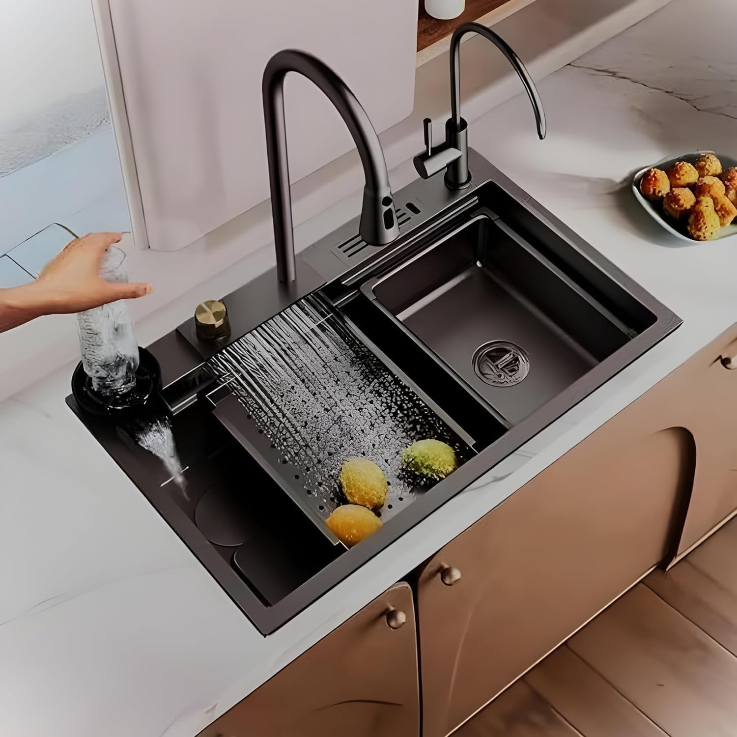 ARQUIN 30″x18″x9″ Kitchen Sink with ANTI SCRATCH HONEYCOMB DESIGN Integrated Waterfall and Pull-down Faucet Set/304 Grade Stainless Steel Waterfall kitchen Sink with Cup washer &Drain Baskets