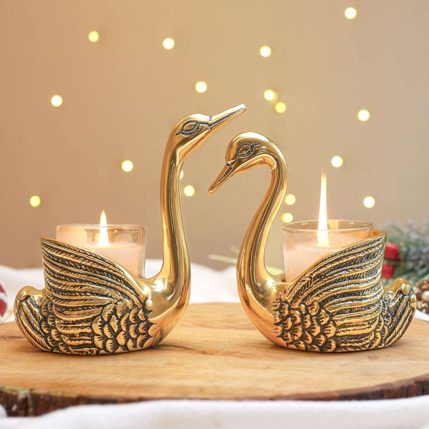 BEHOMA Aluminium Pair of Swans for Good Luck and Love | Candle Holder for Home| Showpiece for Gifting Anniversary Valentine’s Day (Candles/Plants Etc Not Included), Gold,13.5L x 7.5W x 14H Centimeters