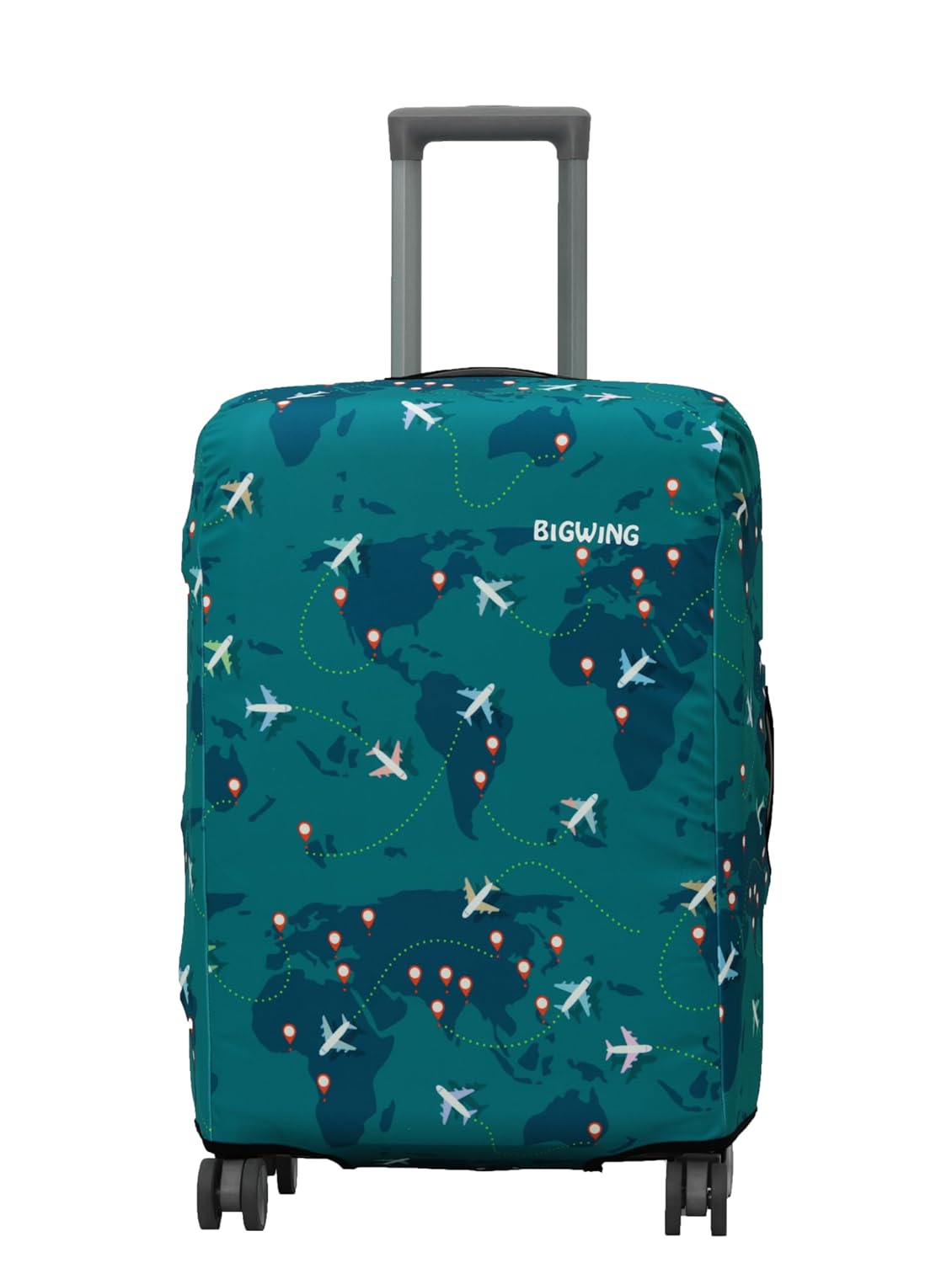 BIGWING Protective Cover in Polyester Fabric with Map Print for | 28′ Inch 75 cm Large Size | Hard Luggage Trolley Bag Cover (Fits Only On Fiber – Plastic Trolley Bag) Turquoise Color