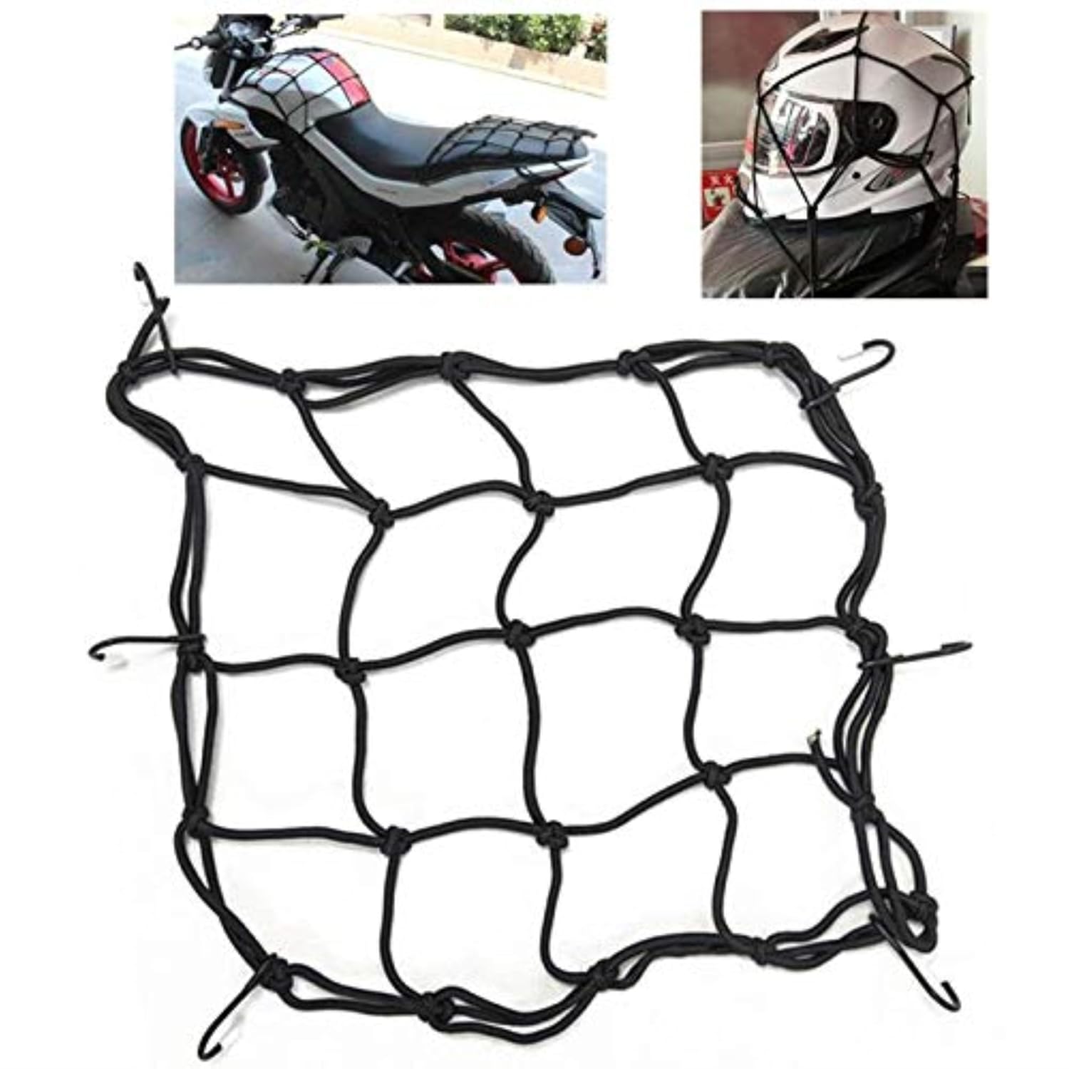 Bike Fuel tank, Seat,Carrier Helmets Bungee Cord Cargo Net (40 *40 CM) Universal Luggage Holder-Strong & Elastic Mesh Soft Rope Straps for Holding Bags,Box on Bikes, Scooter, Cycle, Cars [Water Proof]