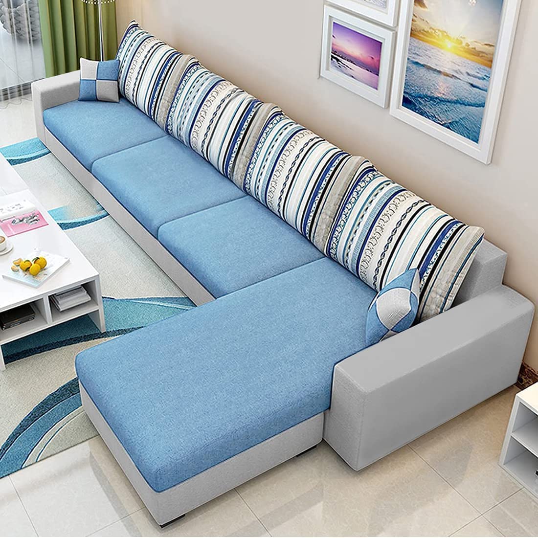 CASASTYLE Adona 5 Seater Fabric RHS L Shape Sofa Set (Sky Blue-Light Grey)