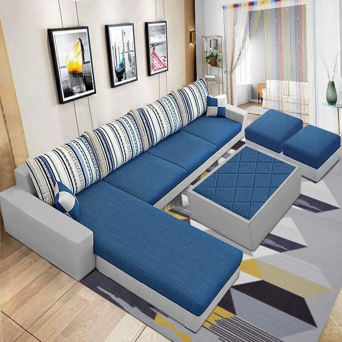 CASASTYLE Adonia 8 Seater LHS Fabric L Shape Sofa Set with 1 Centre Table & 2 Puffy -(Dark Blue- Light Grey)