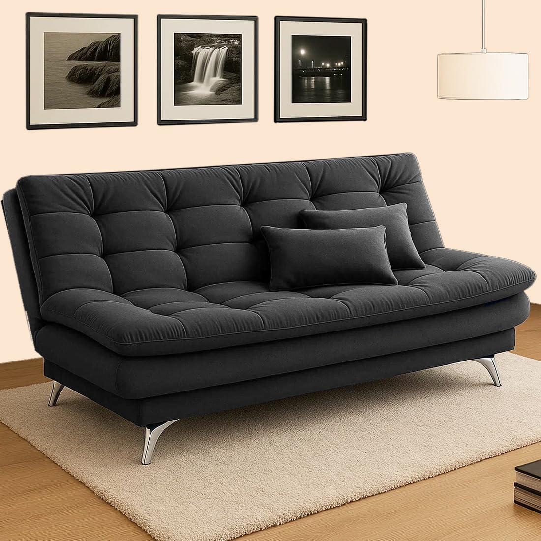 CASASTYLE Eagal 3 Seater Fabric Sofa Cum Bed Set with 2 Cushions, Best Fit for Indian Homes, Living Rooms, Offices with 3 Year Warranty (Dark Grey)