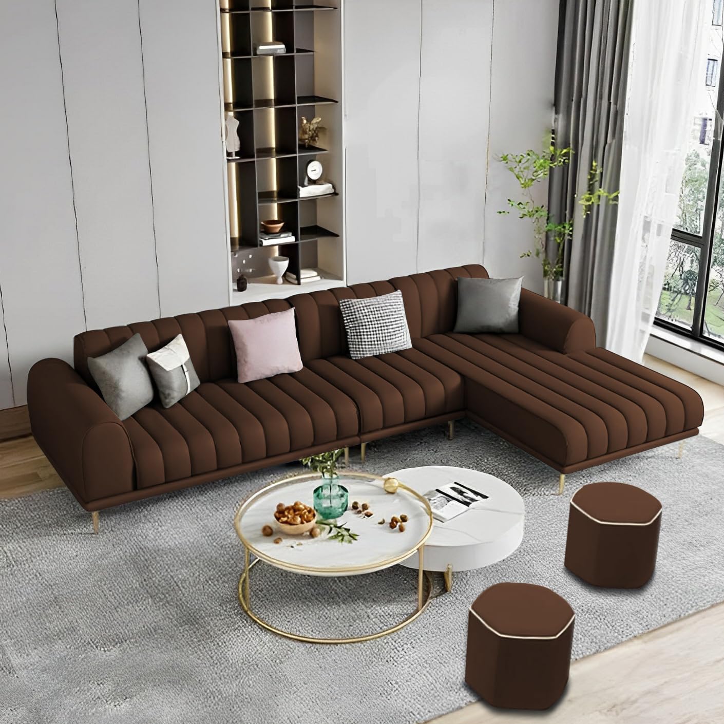 Casaliving Herrick RHS 6 Seater L Shape Sofa Set with 2 Puffy for Living Room (Brown Colour) Premium Velvet Fabric Sofa Set