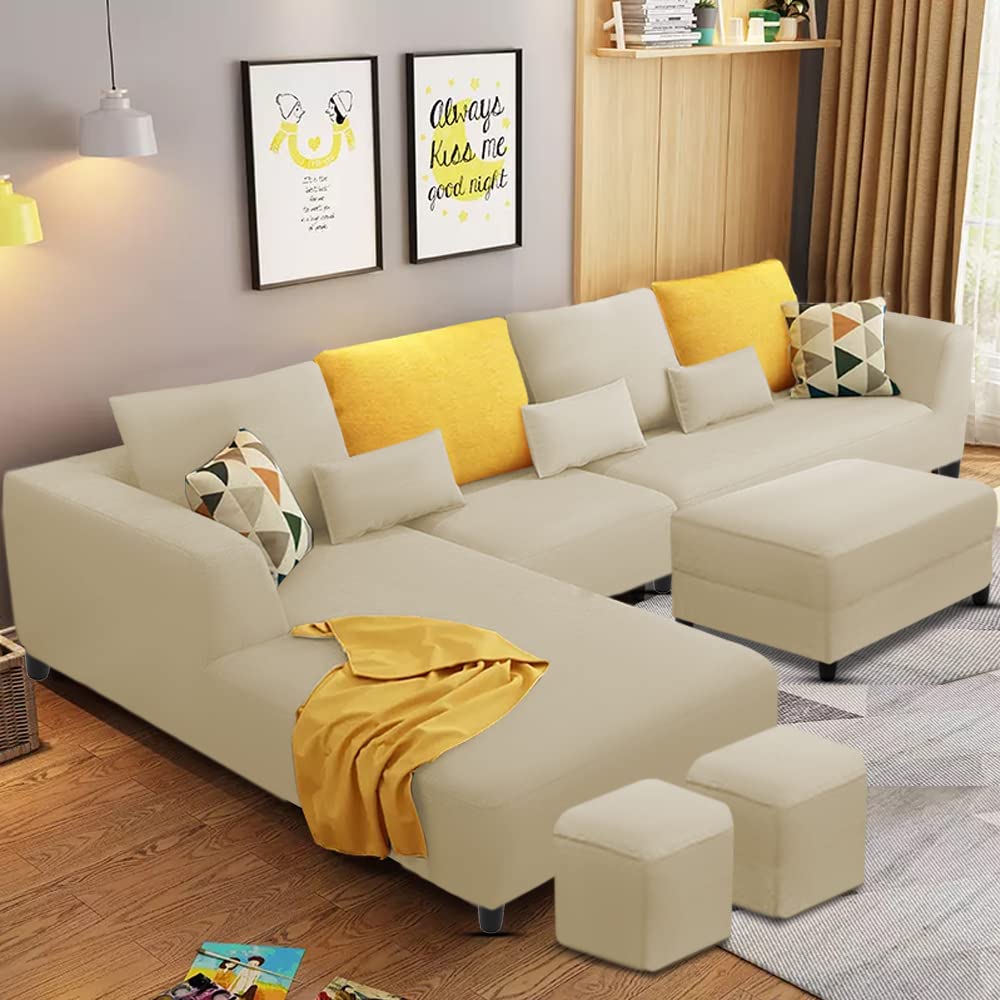 Casaliving Minta LHS 8 Seater L Shape Sofa Set with Ottoman & 2 Puffy for Living Room (Cream – Colour) Premium Velvet Fabric Sofa Set