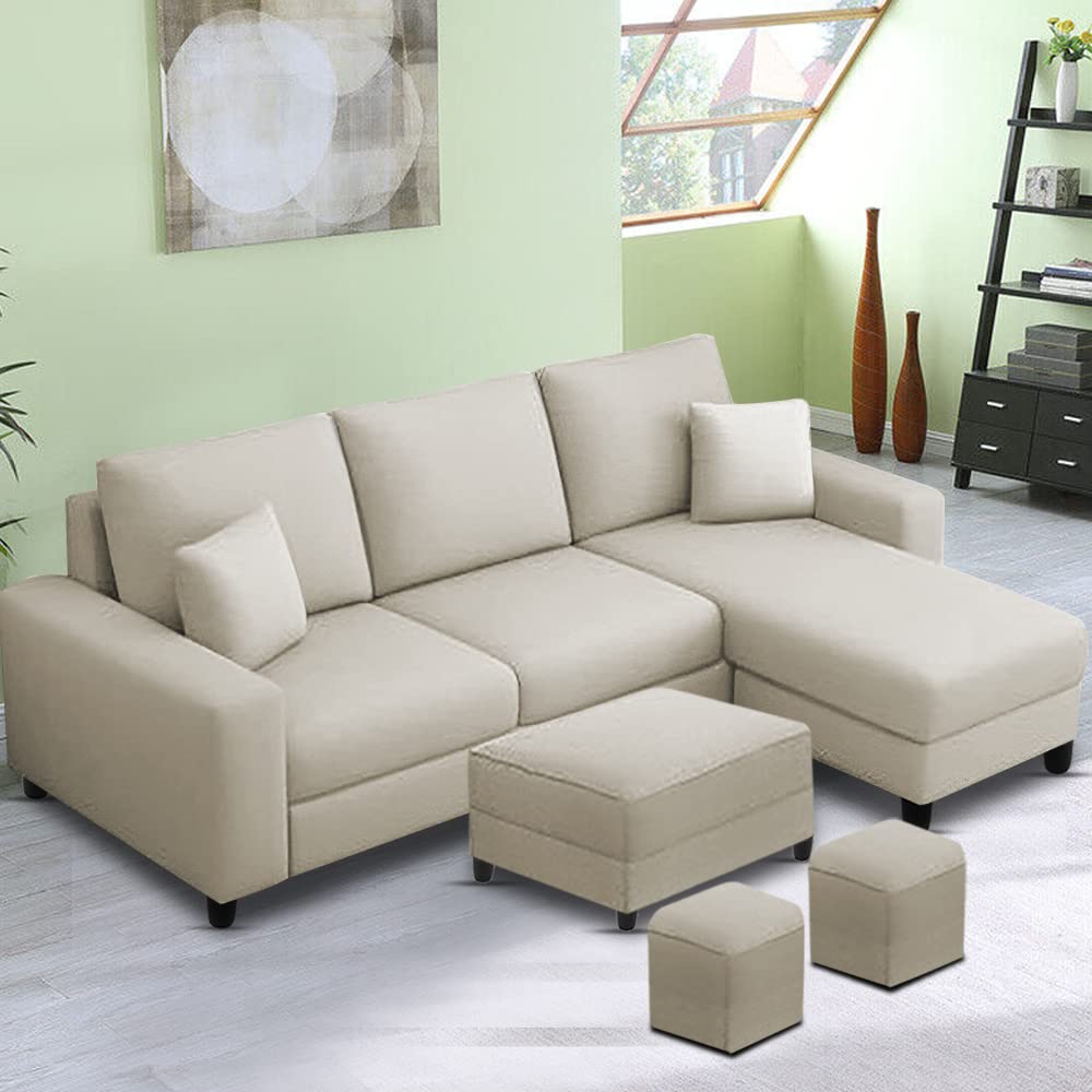 Casaliving Rolando 4 Seater L Shape Sofa Set with 2 Puffy for Living Room (Cream) Right Side Sofa
