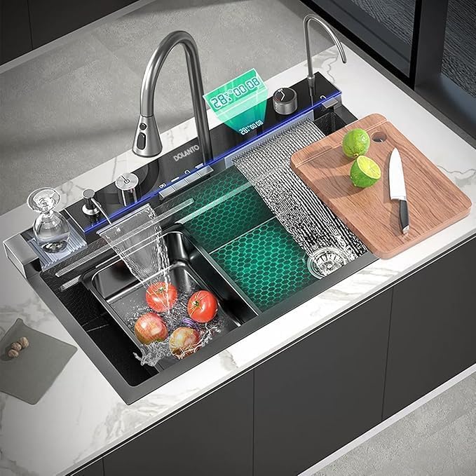 DOLANTO Piano Sink 30″x18″x9″ Waterfall Sink Fully Equipped Waterfall with Integrated Pull Down Faucets (Dual Flow) 304 Grade Stainless Steel Nano Black Kitchen Sink with LED Pannel & Digital Display