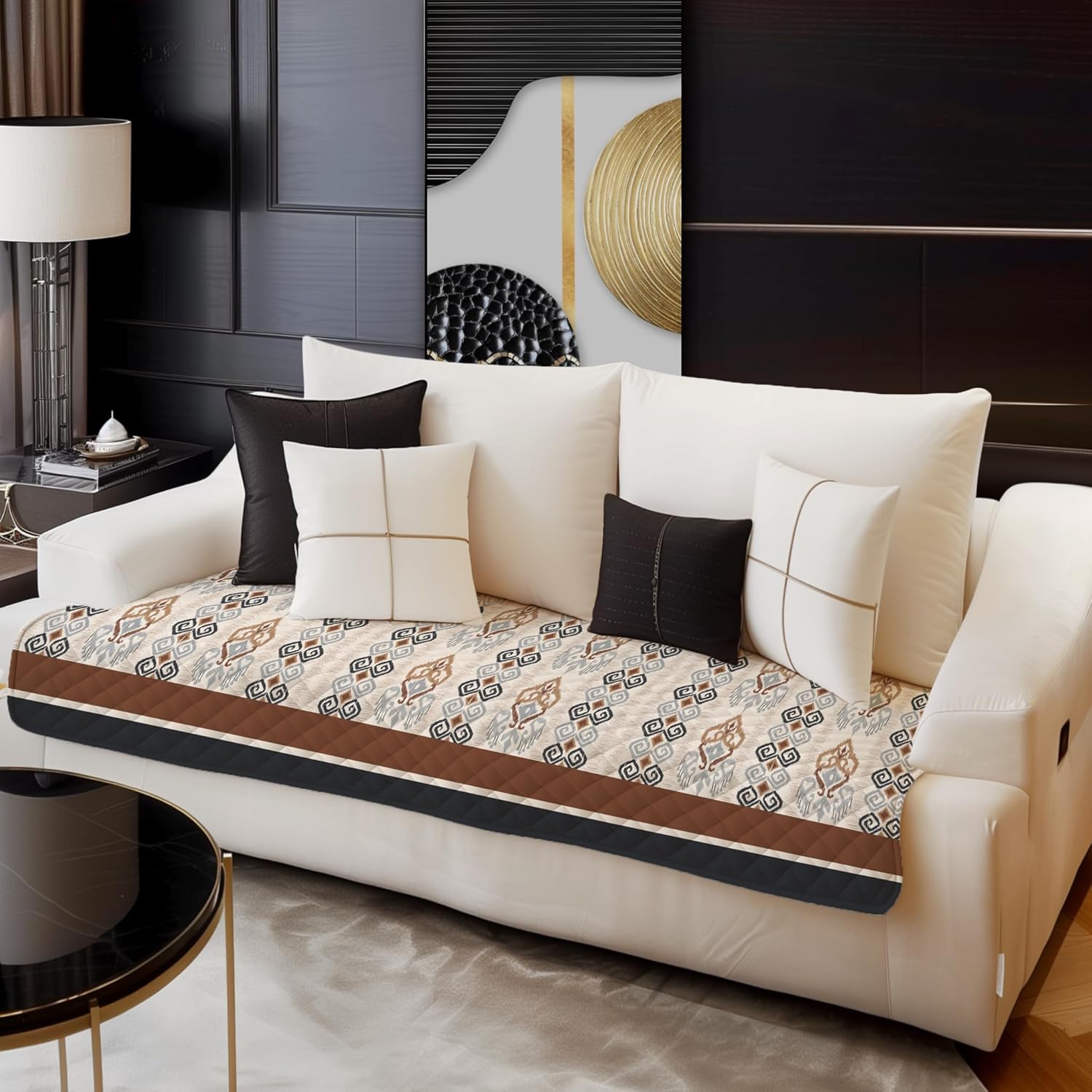 Decorian Premium Soft Quilted Velvet Sofa Cover Mat, Sofa Seat Runner for Couch (Ikkat, 3 Seater) Multicolour