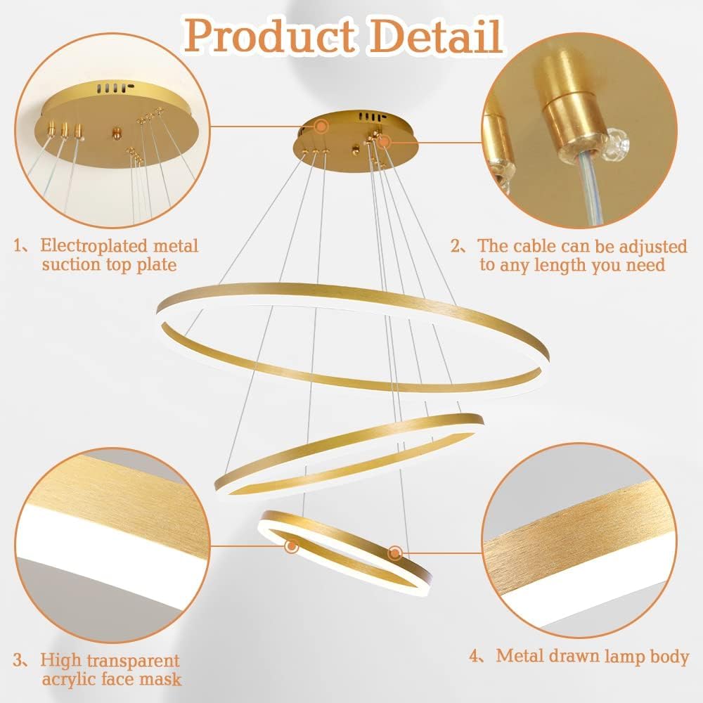 Desidiya® Modern Double 3-Ring LED Pendant Light Lamp – Warm White Hanging Ceiling Pendant Light, Elegant Finish for Home & Living Spaces & Living Room Ceiling Light