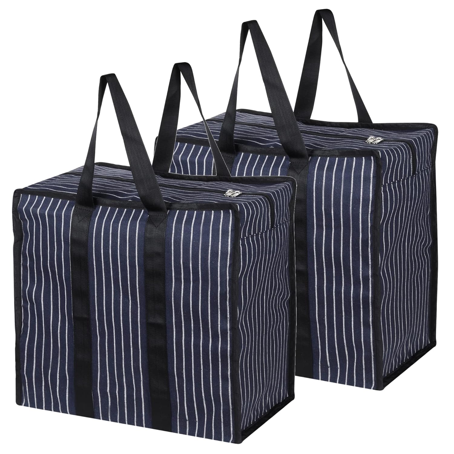 Double R Bags Multipurpose Extra Large Big Heavy Duty Storage Organizer Reusable Canvas Shopper Bag with Strong Handles and Base with Covers Zip (Pack of 2, Navy)