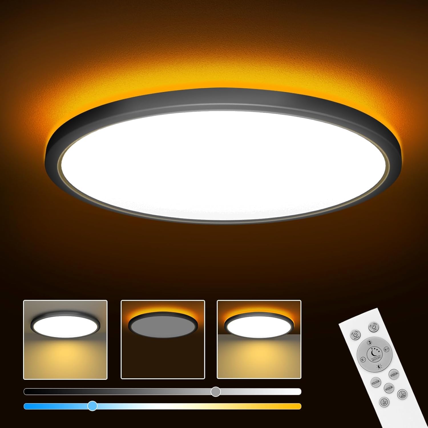 ELEPHANTBOAT plastic 12″ Dimmable LED Ceiling Light with Remote Control, 24 W 3-Color Ceiling Light with Dim Night Light 1800k Warm, Round Flush LED Ceiling Lights (Black)
