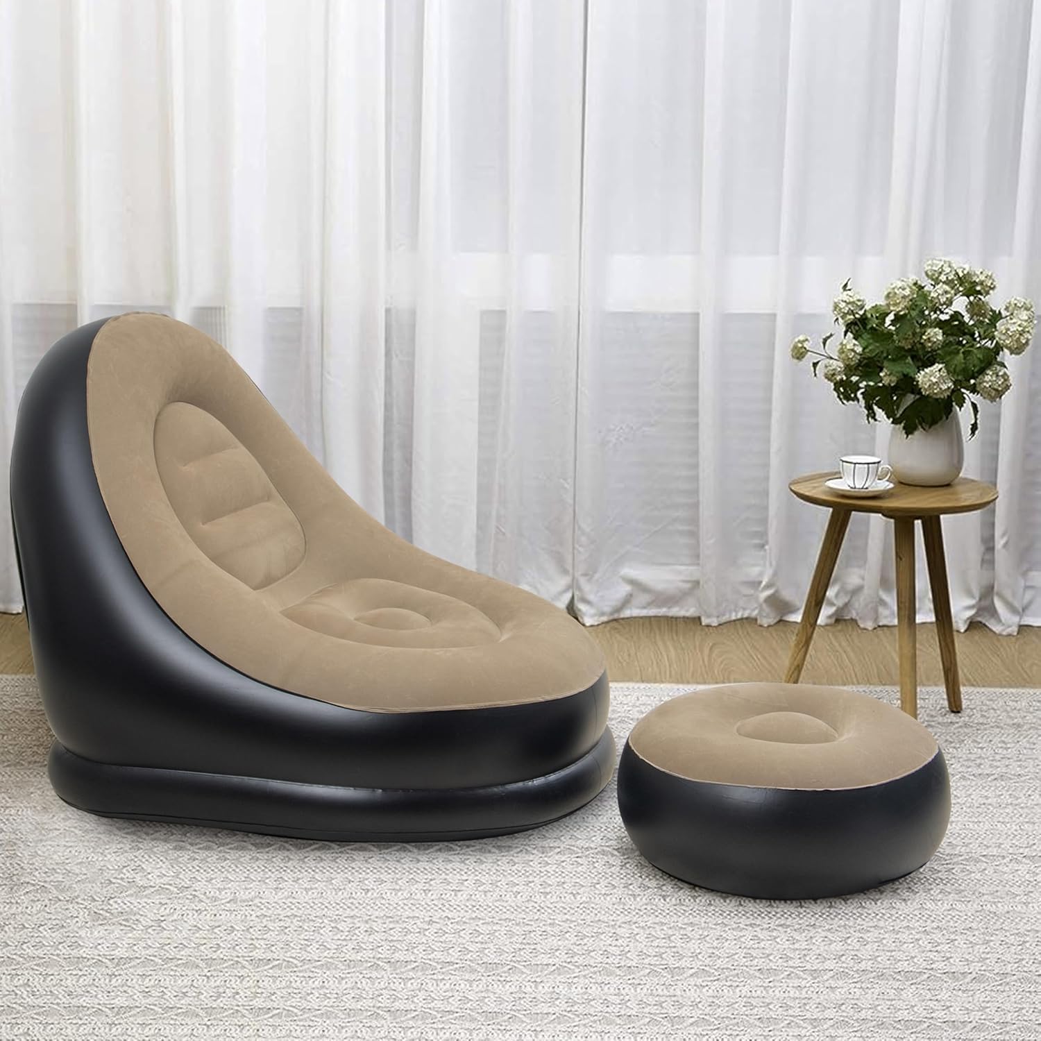 ELRINZA 2 in 1 Lounge Bed Set Portable Recliner with Air Pump – Inflatable Leisure Sofa Chair and Footstool, Outdoor, Indoor, Travel, Home, Office Folding Lounger Flocking Lazy Couch