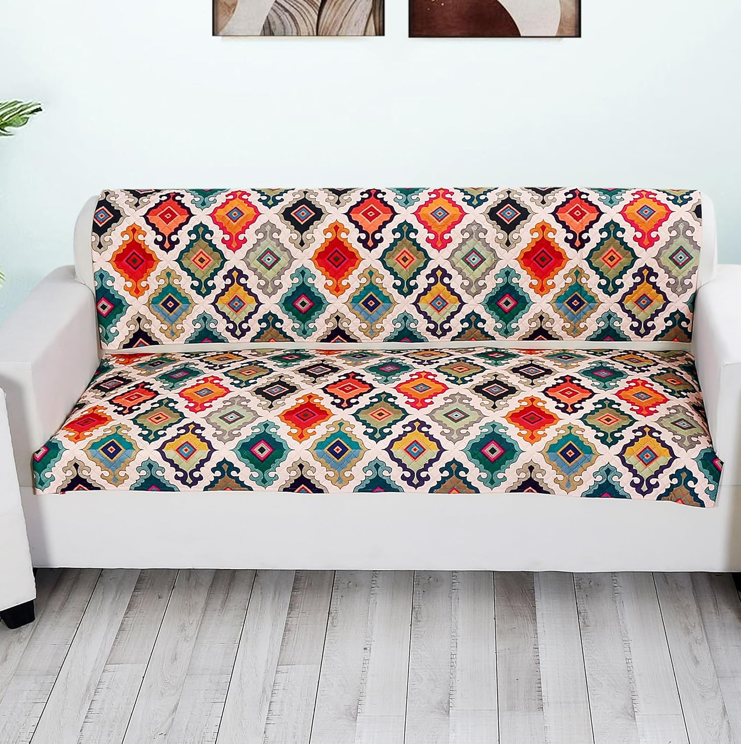 FABANE Velvet Printed Sofa Seat Cover For 3 Seater With Heavy Antiskid Backing & Easily Machine Washable Sofa Seat Runner For Couch Or Home Living Area – (27 X 72 Inches -2 Piece) Multicolor