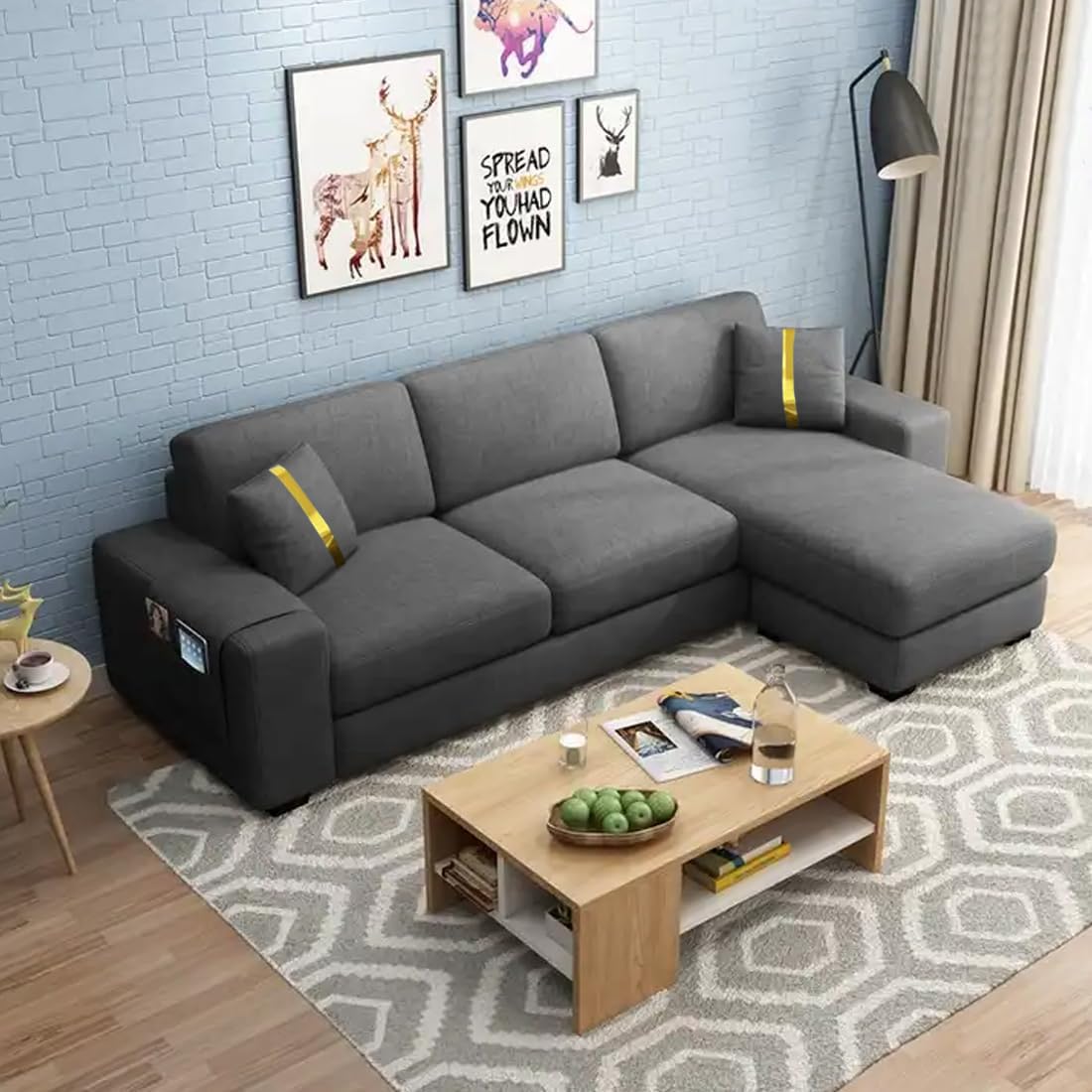 FURNY Arvona 4 Seater Fabric Sectional RHS L Shape Sofa Set for Living Room (Dark Grey)