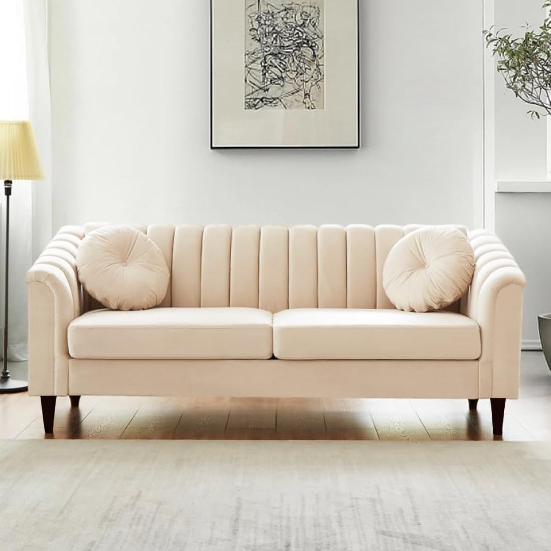 FURNY Dorano 3 Seater Fabric Sofa Set (Cream Fabric)