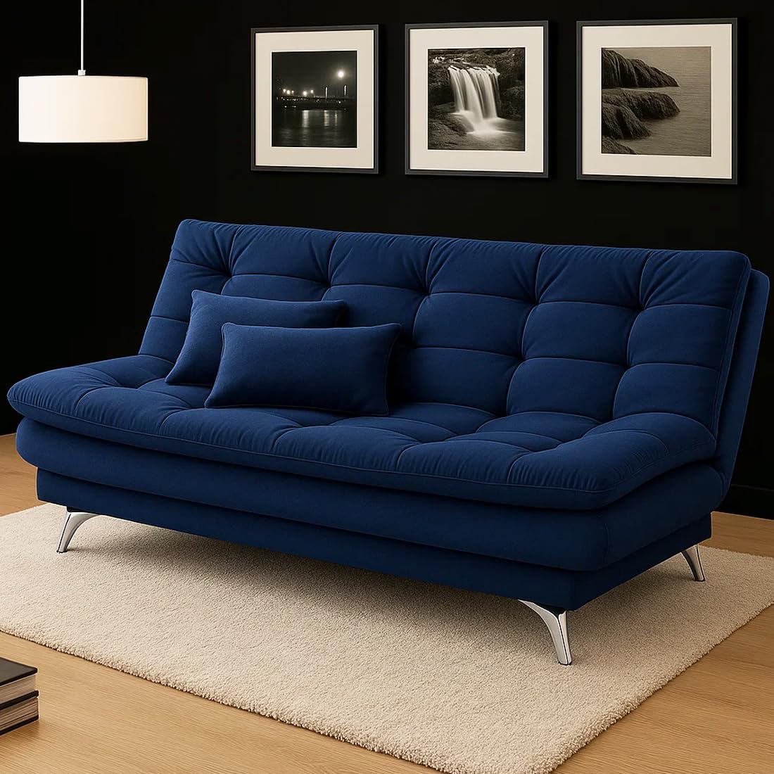 FURNY Eagel 3 Seater Fabric Sofa Cum Bed Set with 2 Cushions, Best Fit for Indian Homes, Living Rooms, Offices with 3 Year Warranty (Dark Blue)