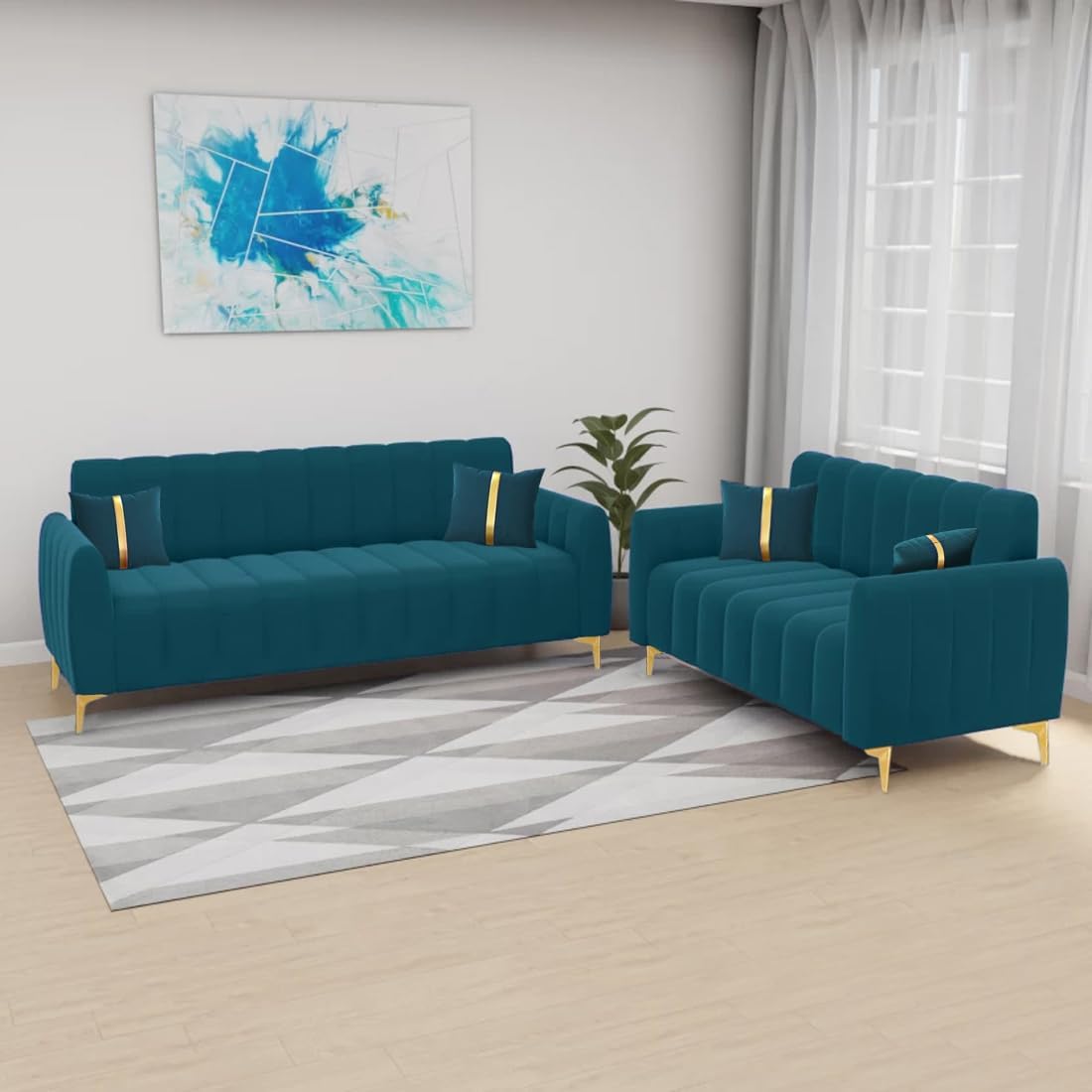FURNY Harmony 5 Seater Fabric Premium 3+2 Sofa Set for Living Room (Teal Color)