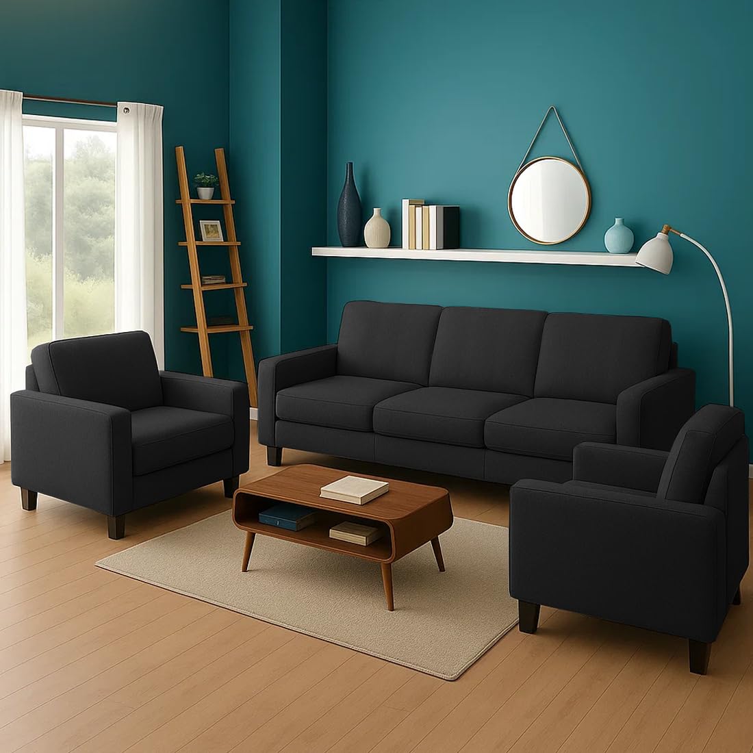 FURNY Hedster 5 Seater 3+1+1 Fabric Sofa Set (Dark Grey)