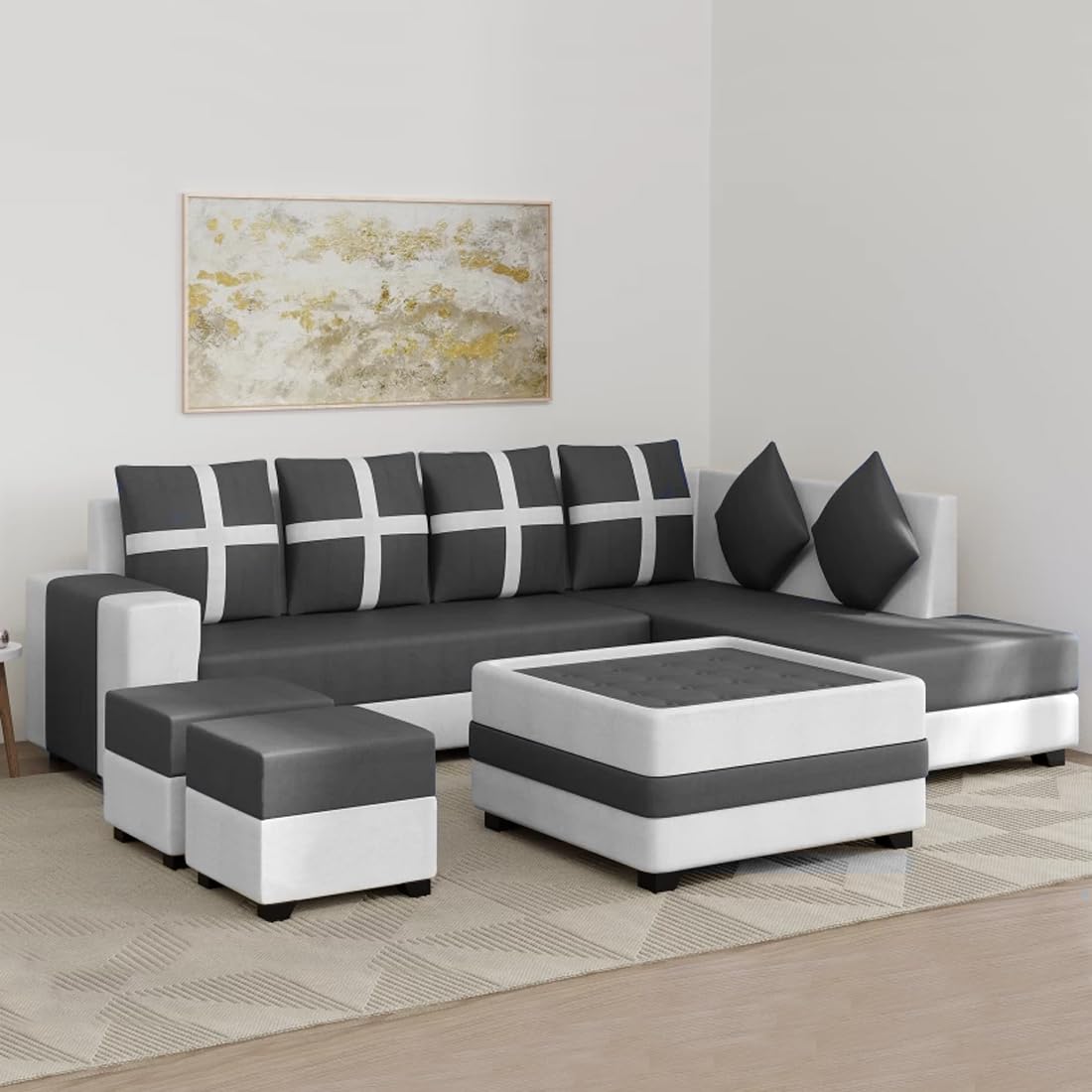 FURNY Juniffer 8 Seater Fabric RHS L Shape Sofa Set with 1 Centre Table & 2 Puffy (Dark Grey-Light Grey)