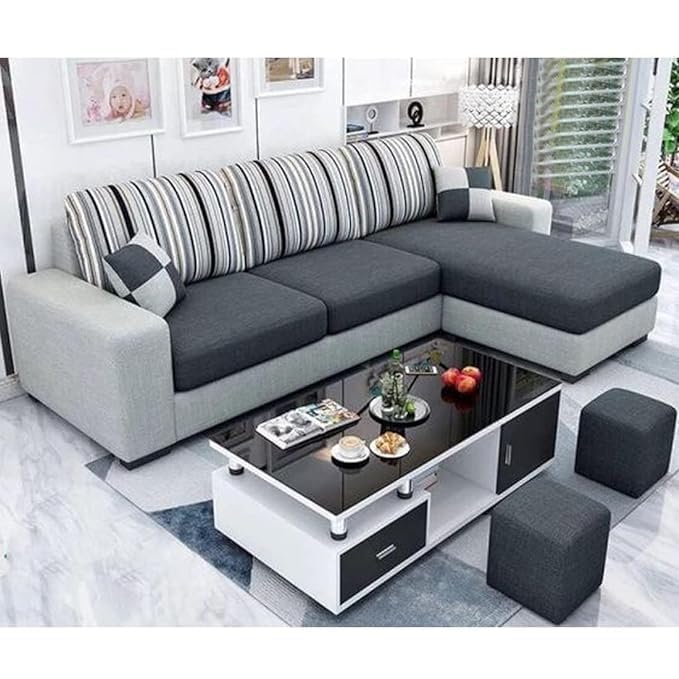 FURNY Lunoy 4 Seater Fabric RHS L Shape Sectional Sofa Set with 2 Puffy (Dark Grey-Light Grey)