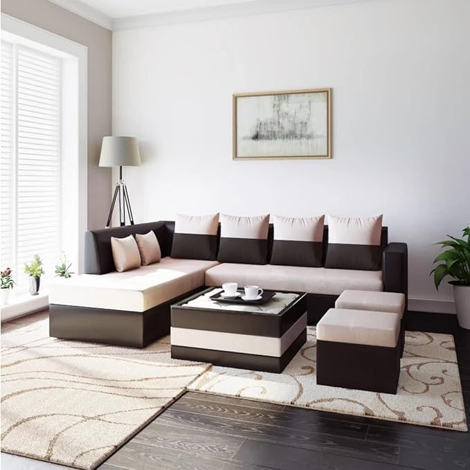 FURNY Marbo 8 Seater Fabric LHS L Shape Sectional Sofa Set with 1 Centre Table & 2 Ottomans (Cream-Brown)