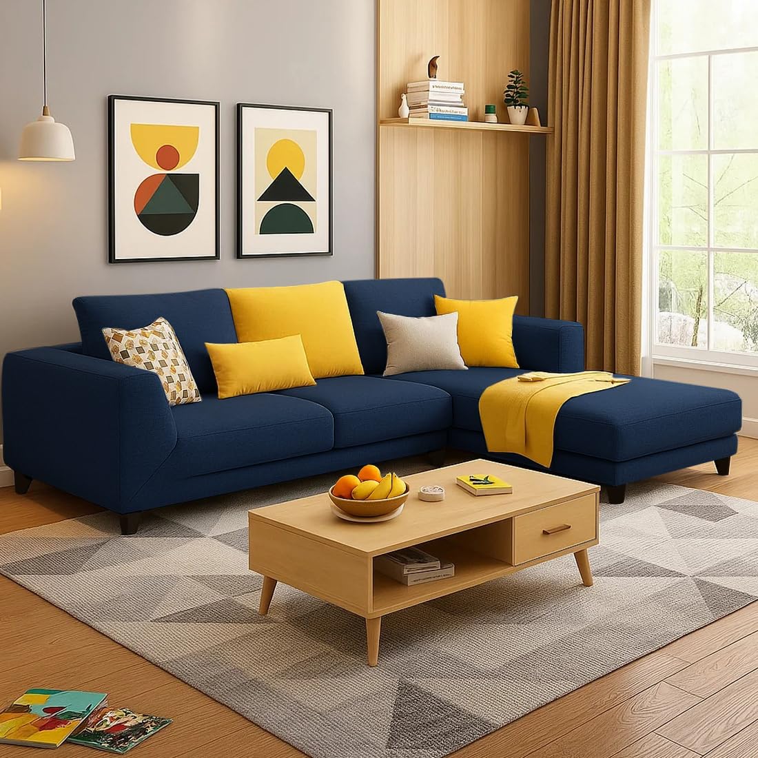 FURNY Mino 4 Seater Fabric RHS L Shape Sofa Set – (Blue Color)
