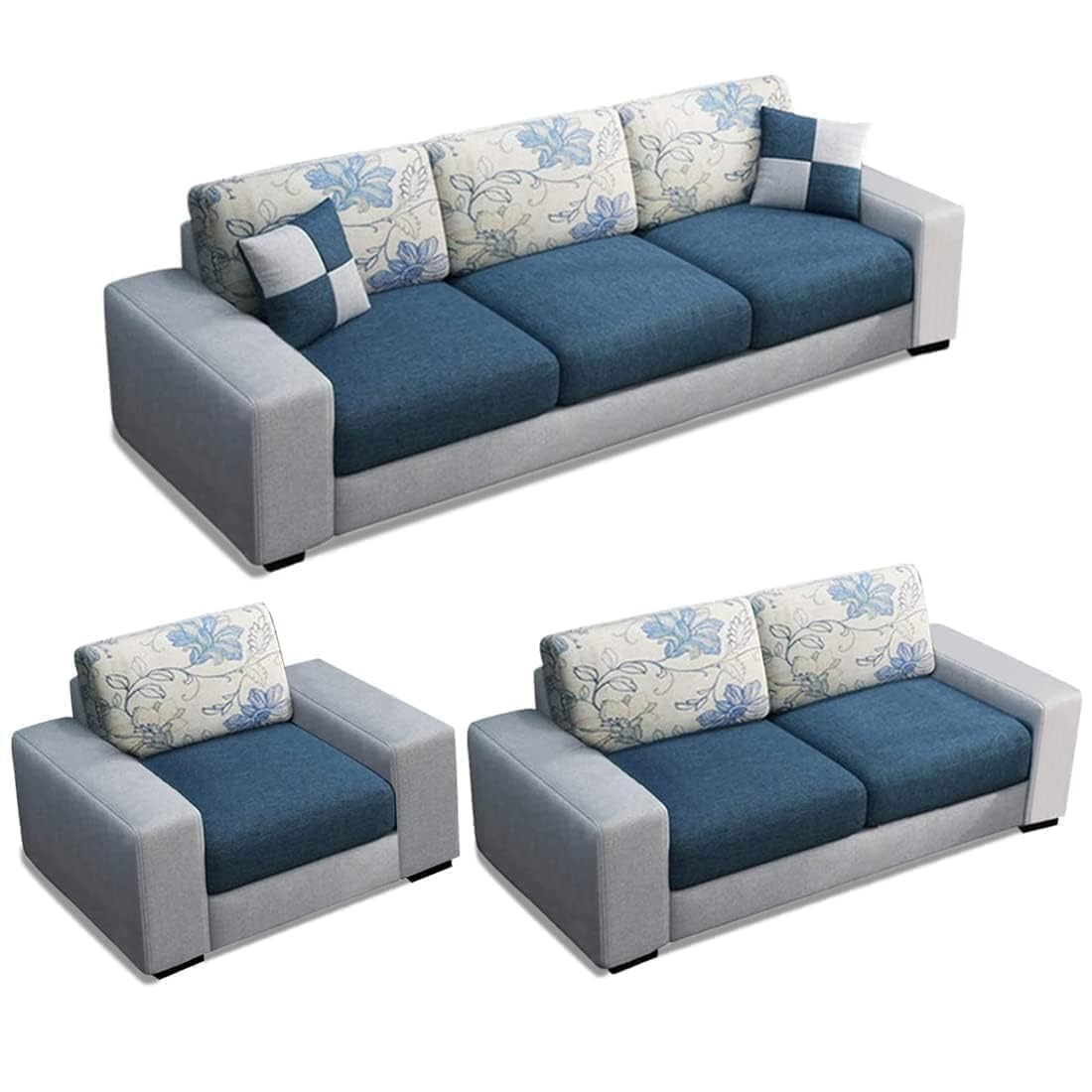 FURNY Orlando 6 Seater Fabric 3+2+1 Sofa Set – (Blue-Light Grey Color)