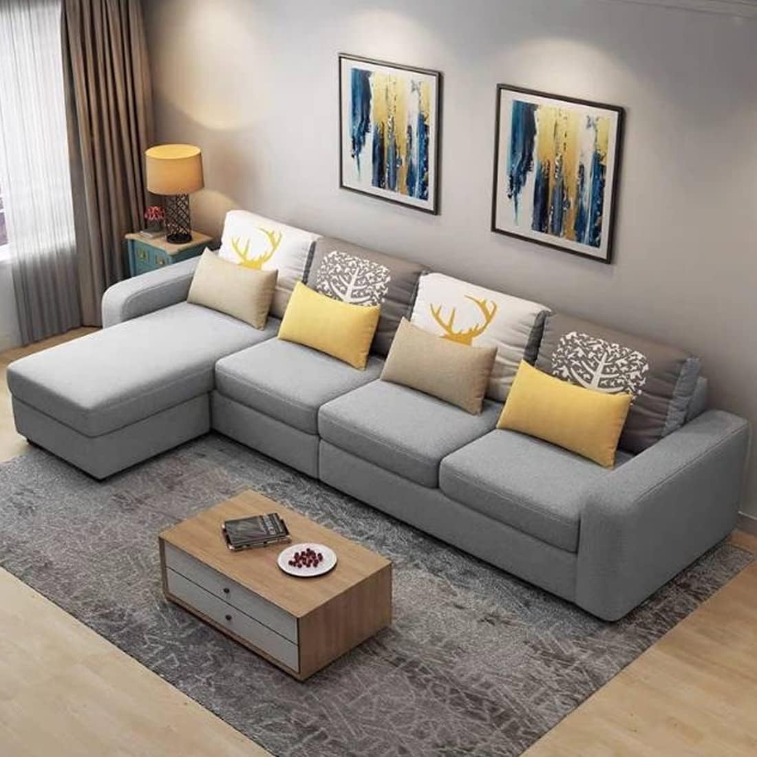 FURNY Sebastian 5 Seater Fabric LHS L Shape Sofa Set (Left Facing-Grey)