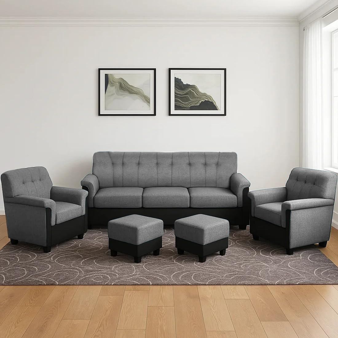 FURNY Woodswave 5 Seater Fabric 3+1+1+2 Puffy Sofa Set for Living Room (Grey-Black Color)