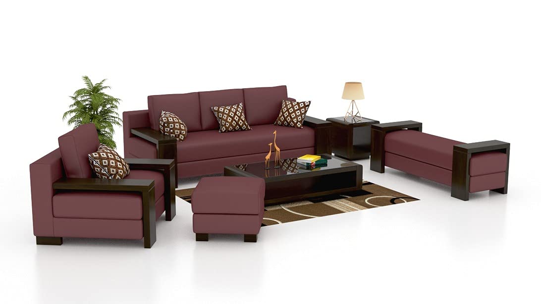 Fabrique Paes Wooden Sofa Set – 6 Seater with 3+2+1 Configuration, Leatherette Upholstery, Modern Design for Comfortable Living Room Furniture, Premium Wood Construction | Maroon