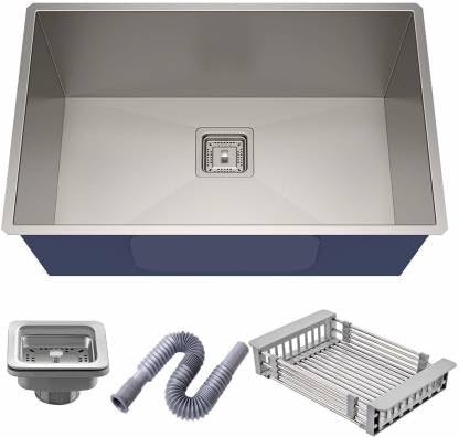 Goonj 304 Grade Stainless Steel Handmade Kitchen Sink With Waste Coupling, Fruit Tray and Waste Pipe (24X18X10Inch Silngle Bowl Silver)