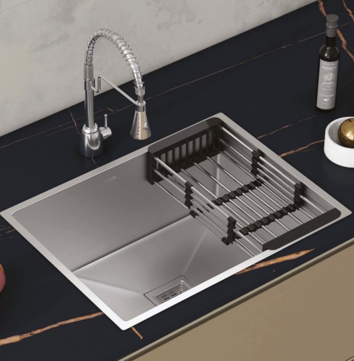 HAPPY HOMES Modular Kitchen Sink (24X18X10 Inch), Matte Satin Finish 304 Grade Stainless Steel with Nanocoated Undercoating |Square Coupling and Metal Fruit Basket | 7 Years Warranty|