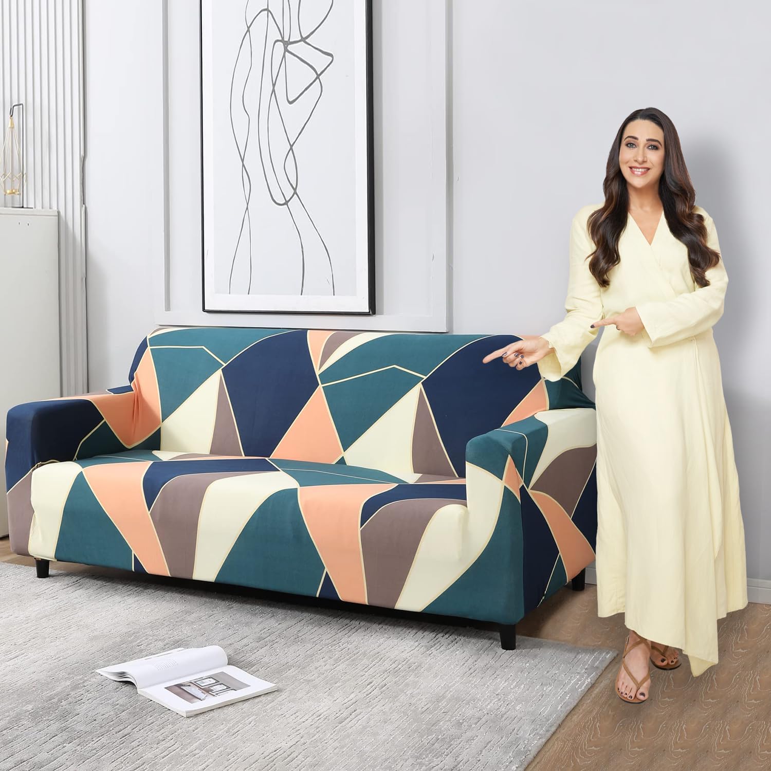 HOKIPO Elastic Stretchable Universal Sofa Cover 3 Seater (AR-4095-D14-Green Peach Abstarct)