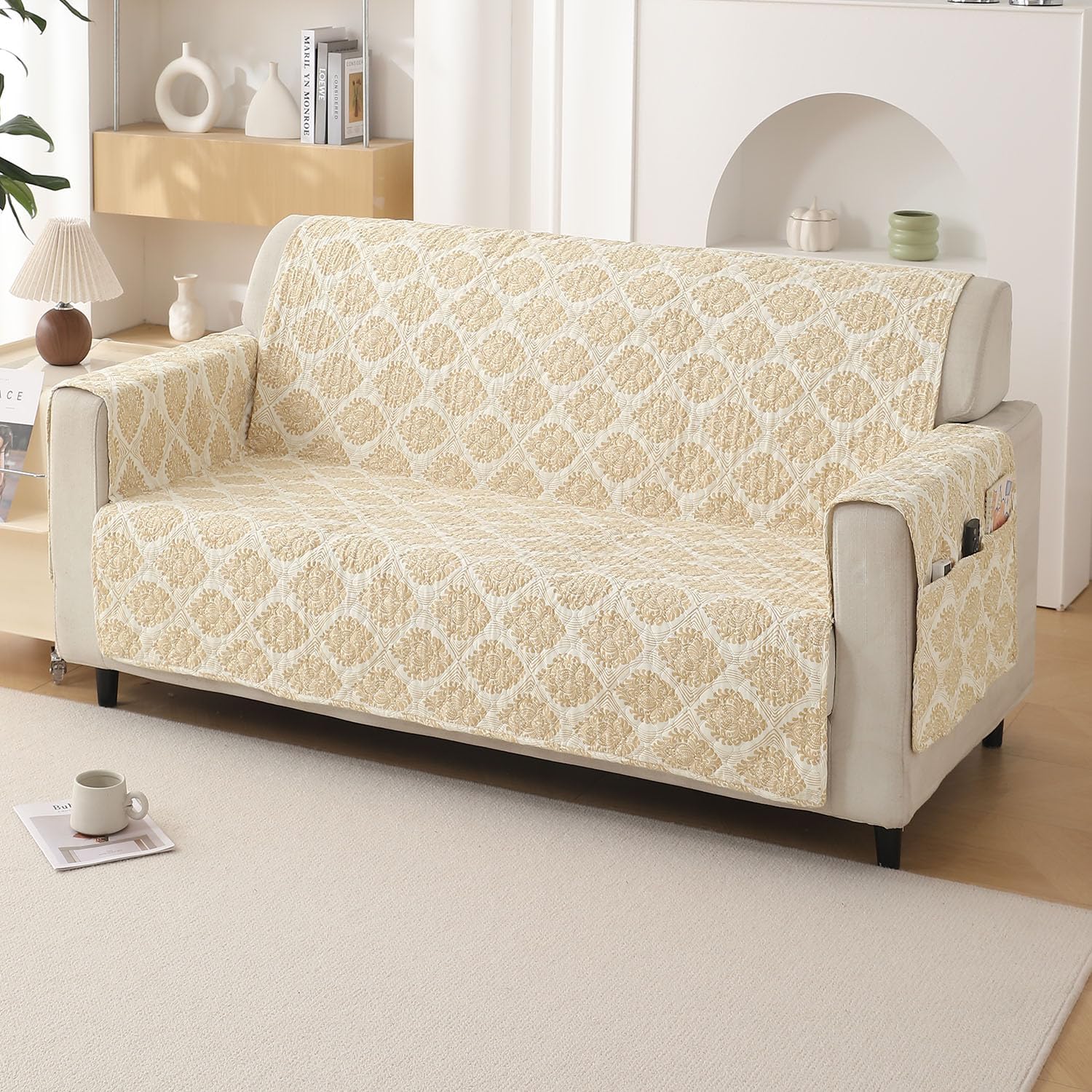 HOKIPO Polyester 2 Seater Quilted Sofa Cover with Pockets, Ogee Ivory (NEW-739-D6)