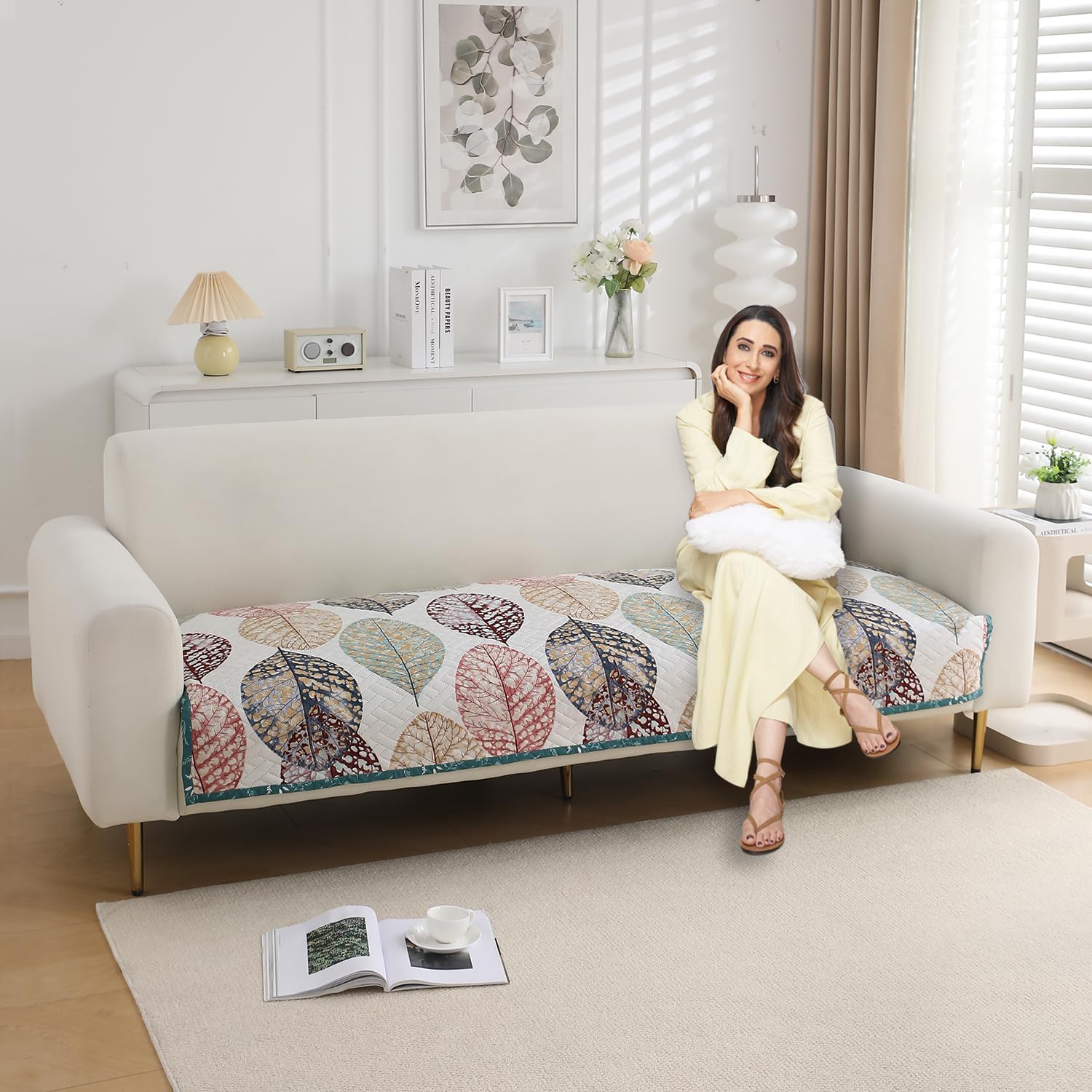 HOKIPO polyester Printed Quilted Sofa Cover Mats for 1/2/3 Seater Sofa and L Shape. Make Your Own Sofa Cover Set, Mat Length 90(D) x 170(L) cm, Multicolor Linden Leaf (IN-809-D7)