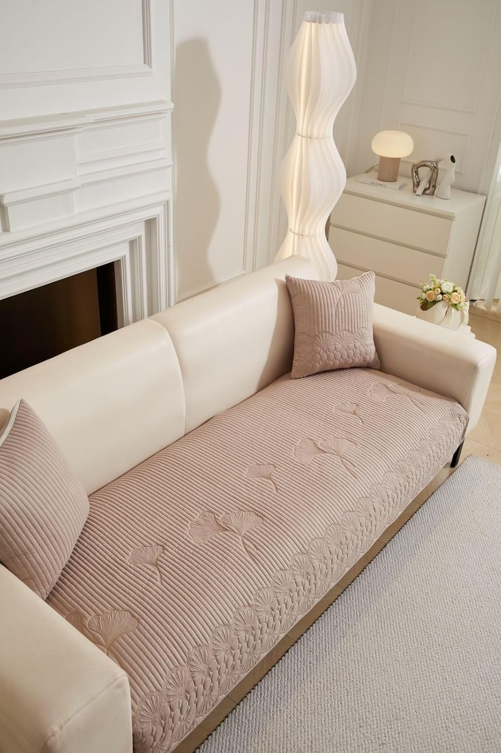 HOMETHREADS Premium Embroidered Cotton Sofa Cover Mat with PVC Backing for Non-Slip Comfort (Beige, 3 Seater | 70x180cm)