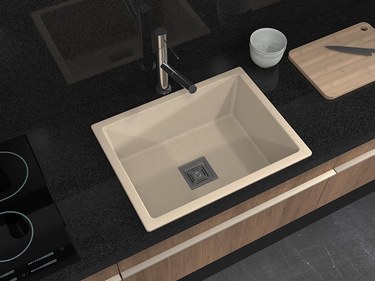 Hardstone Quartz Kitchen Sink (18 x 24 x 8.5 In, 10mm Thickness) – Granite Finish Single Bowl Sink with Waste Coupling & PVC Pipe – Smooth Finish, Non-Fading, UV Protection, Scratch & Heat Resistant
