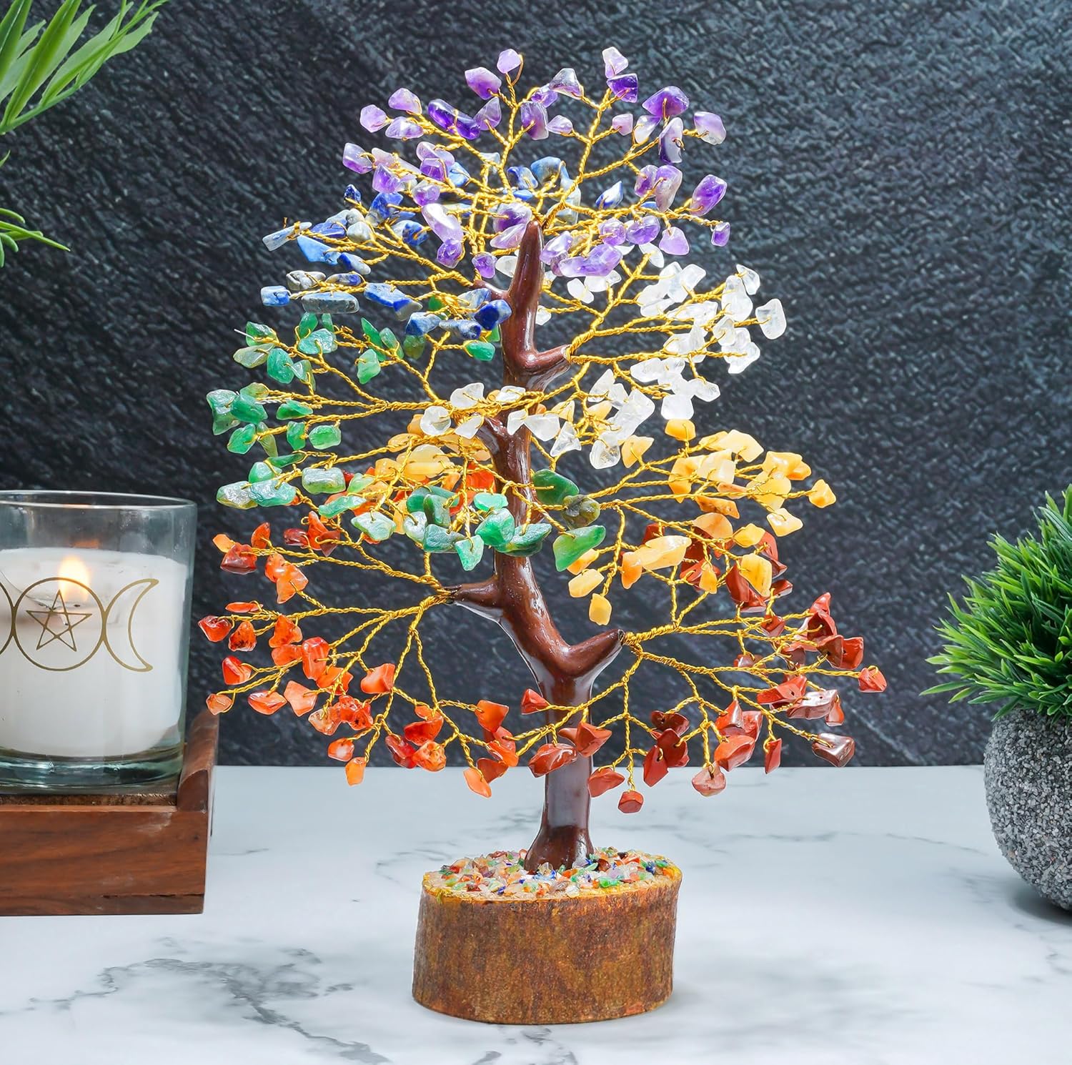 HindCraft Chakra Tree, Crystal Tree for Positive Energy – Crystals & Healing Stones – Feng Shui Seven Chakra Tree of Life Decor – Home Decorations for Living Room, 7 Chakra Tree, 200 Beads, 8-10″