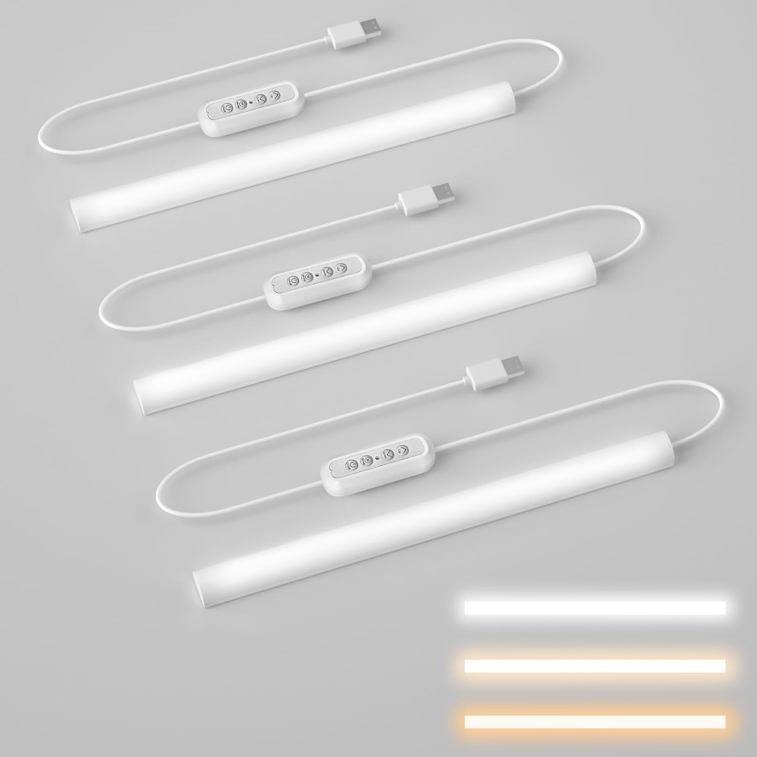 Hoteon ABS LED Under Cabinet Light, Closet Light with 3 Color Modes(3000K/4000K/5700K), 10 Level Brightness, 7W USB Plug Batten Light, White (3 Pack) (Upgrade Version)