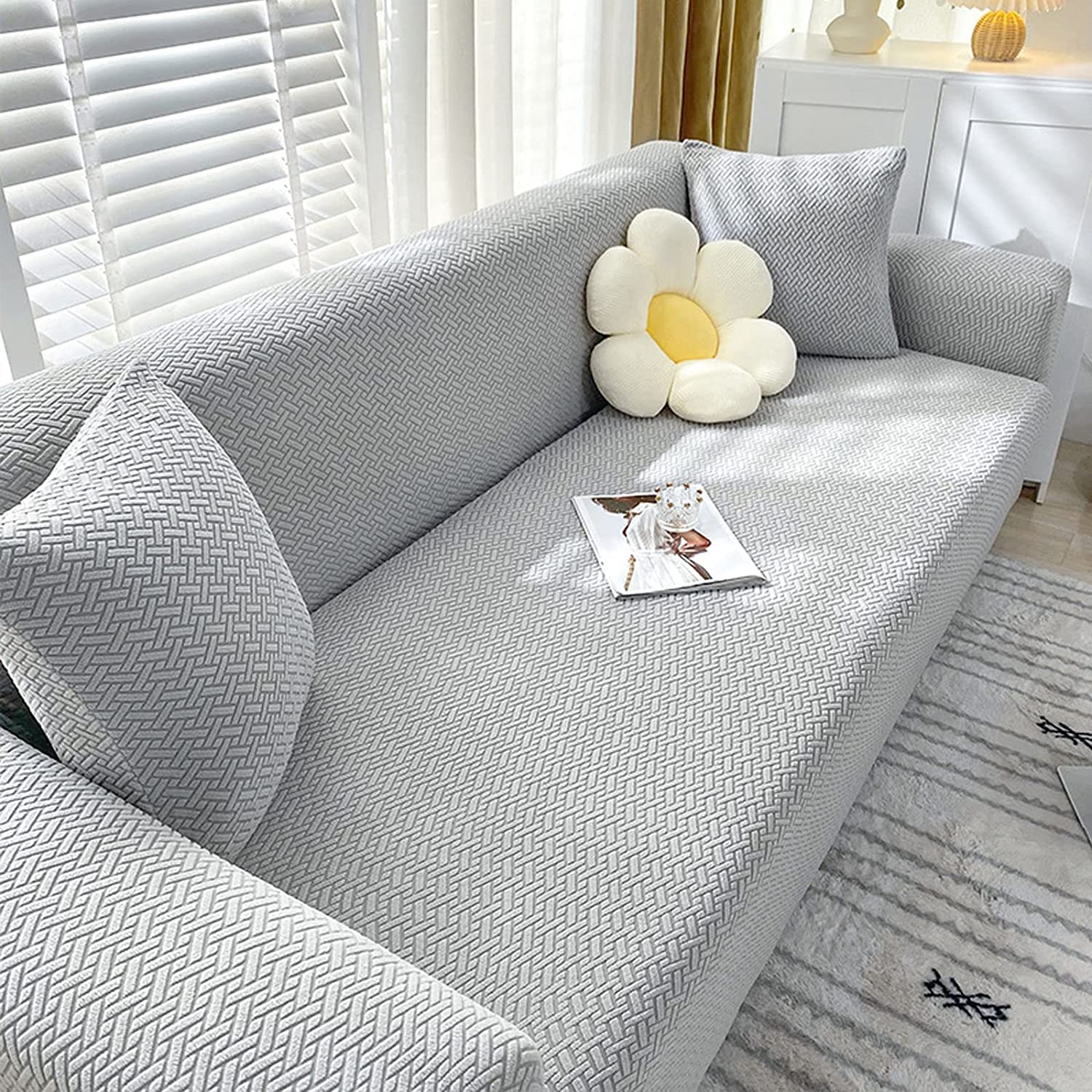 House of Quirk Universal Four Seater Polar Fleece 220 GSM Fabric Sofa Cover Flexible Stretch Sofa Slipcover (Light Grey, Four Seater)