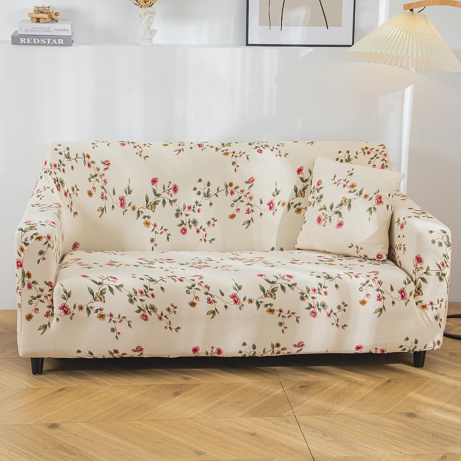 House of Quirk Universal Triple Seater Sofa Cover Big Elasticity Cover for Couch 140 GSM Sofa Slipcover (Beige Tulip, 185-230cm)