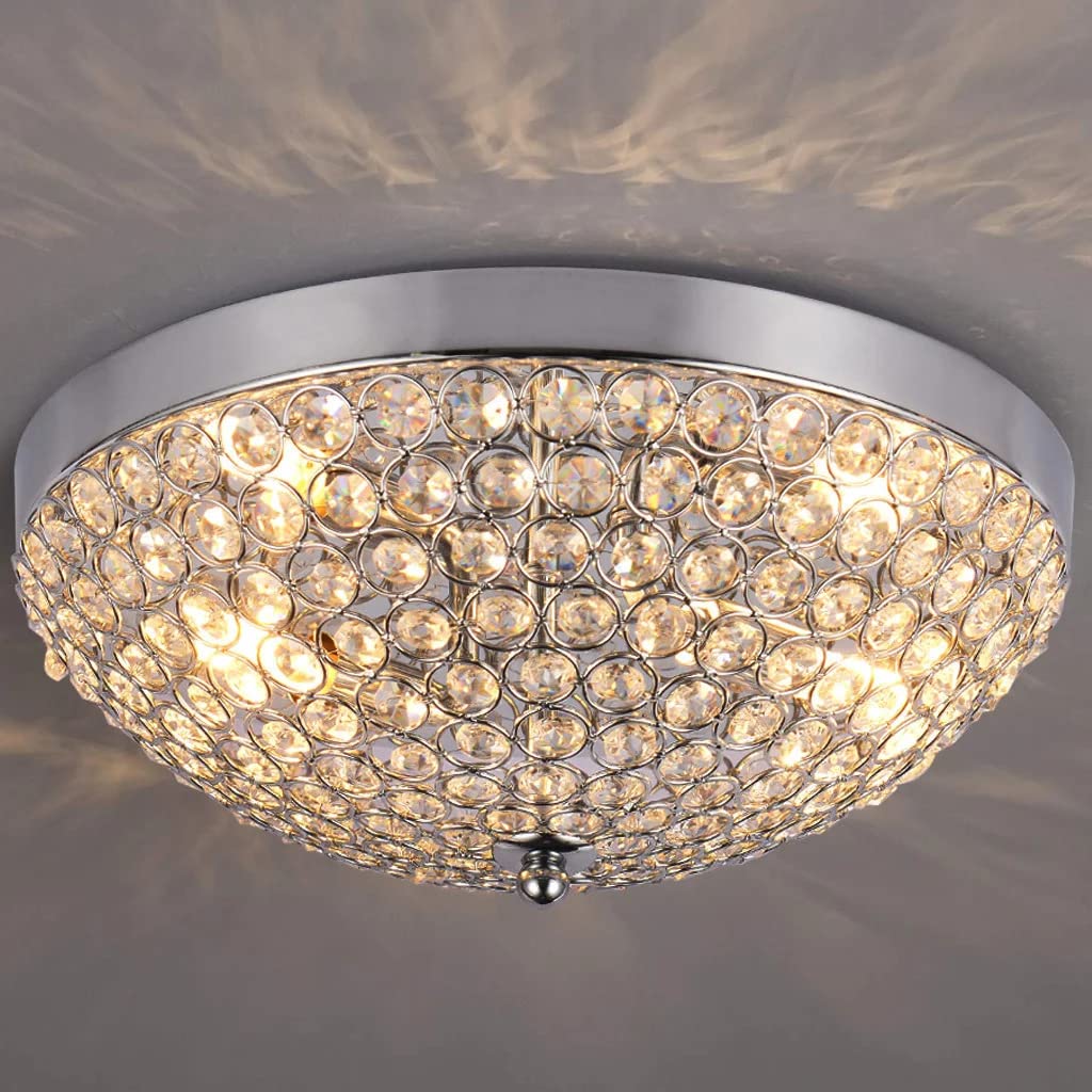 INTERIOR HANDICRAFT 3-Lights Modern Flush Mount LED Crystal Ceiling Light Bowl Shaped Chandelier Jhoomer for Bedroom, Entryway, Hallway, Dining Room – 30 Watts (Stainless Steel)