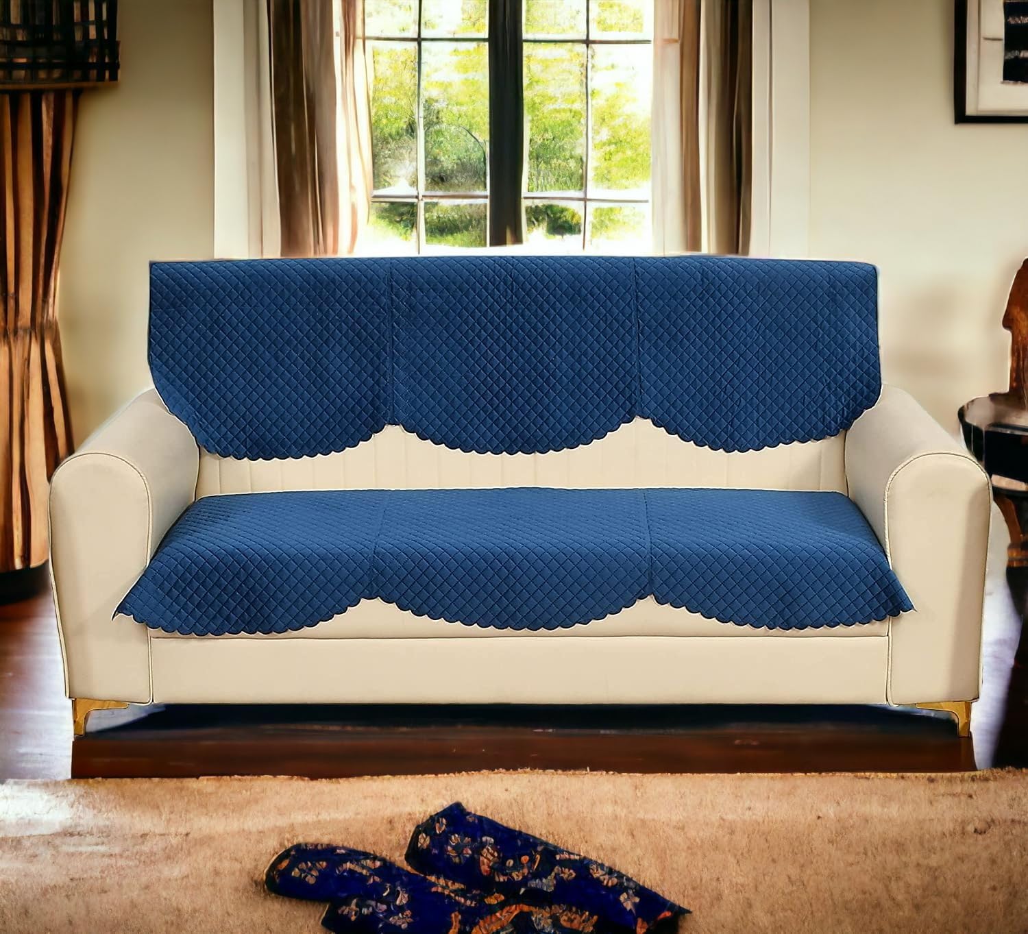 IVAZA Velvet Self Design Quilted Sofa Chair Cover 3 Seater Blue