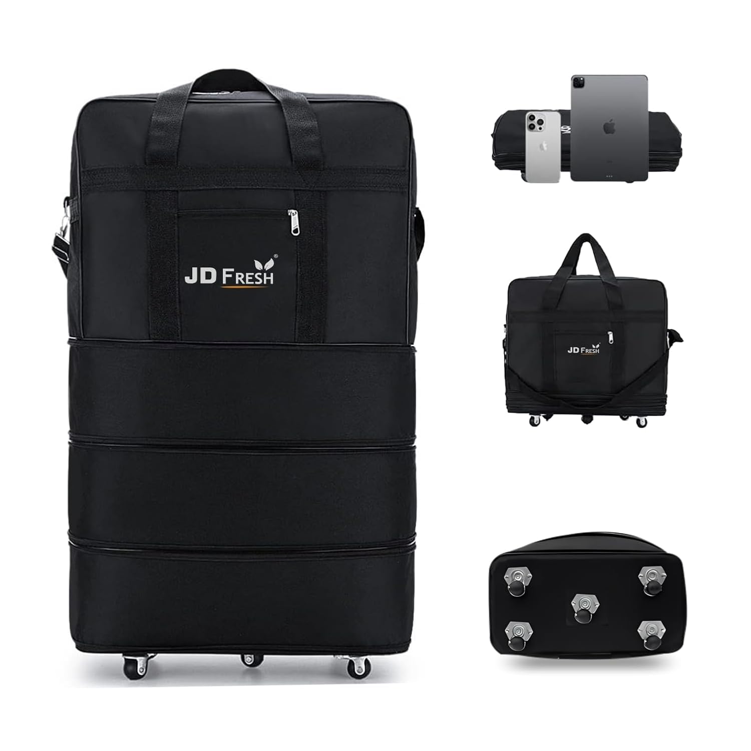 JD FRESH 3 Layer Expandable Duffle Bags/90 cm Nylon Convertible Travel Luggage with Wheels/Waterproof Traveling Bag for Clothes/Foldable – Extendable Duffle Luggages for Men and Women(Black)